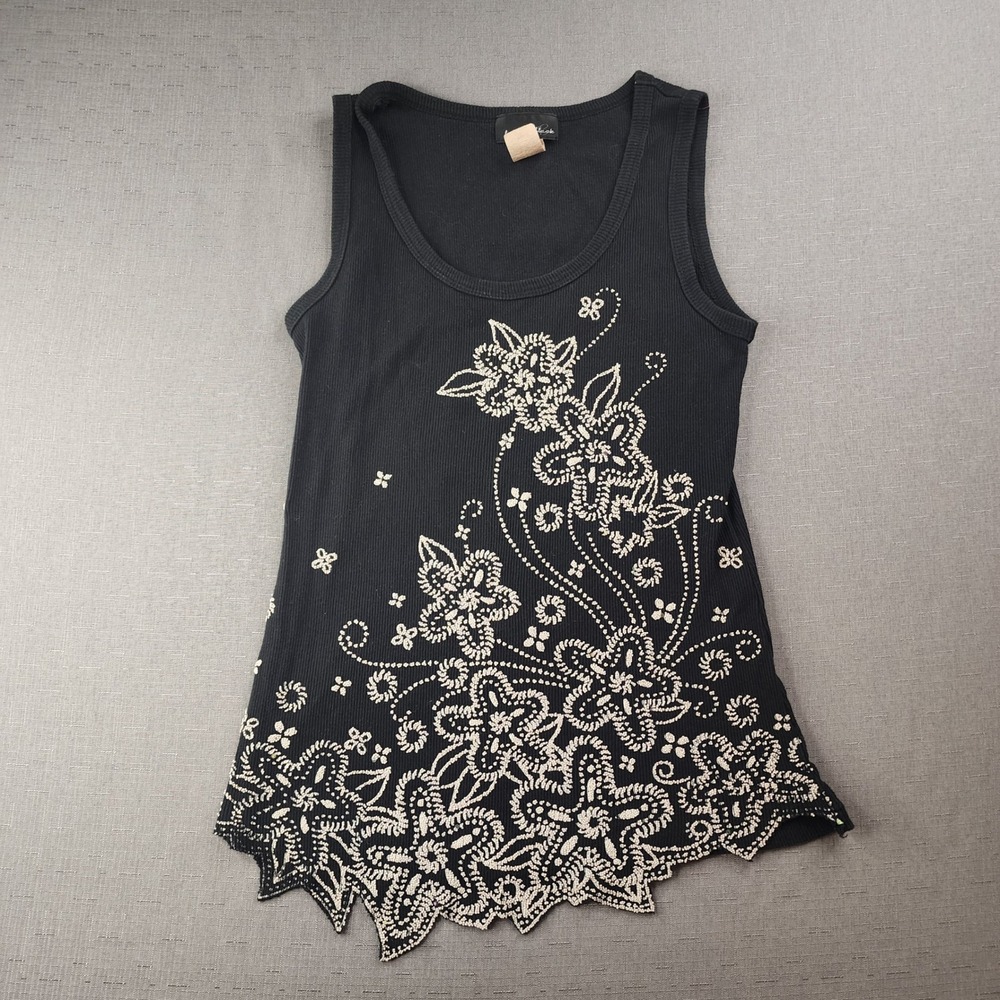 Brittany Black Y2K Floral Tank Top Black Embellished Ribbed Sharkbite Hem PM